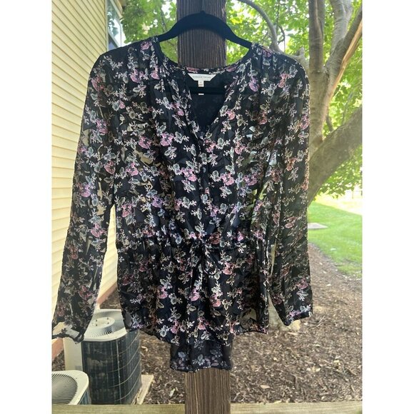 Rebecca Taylor black pink floral whimsigoth velvet burnout blouse 6 sheer grunge - Picture 3 of 12